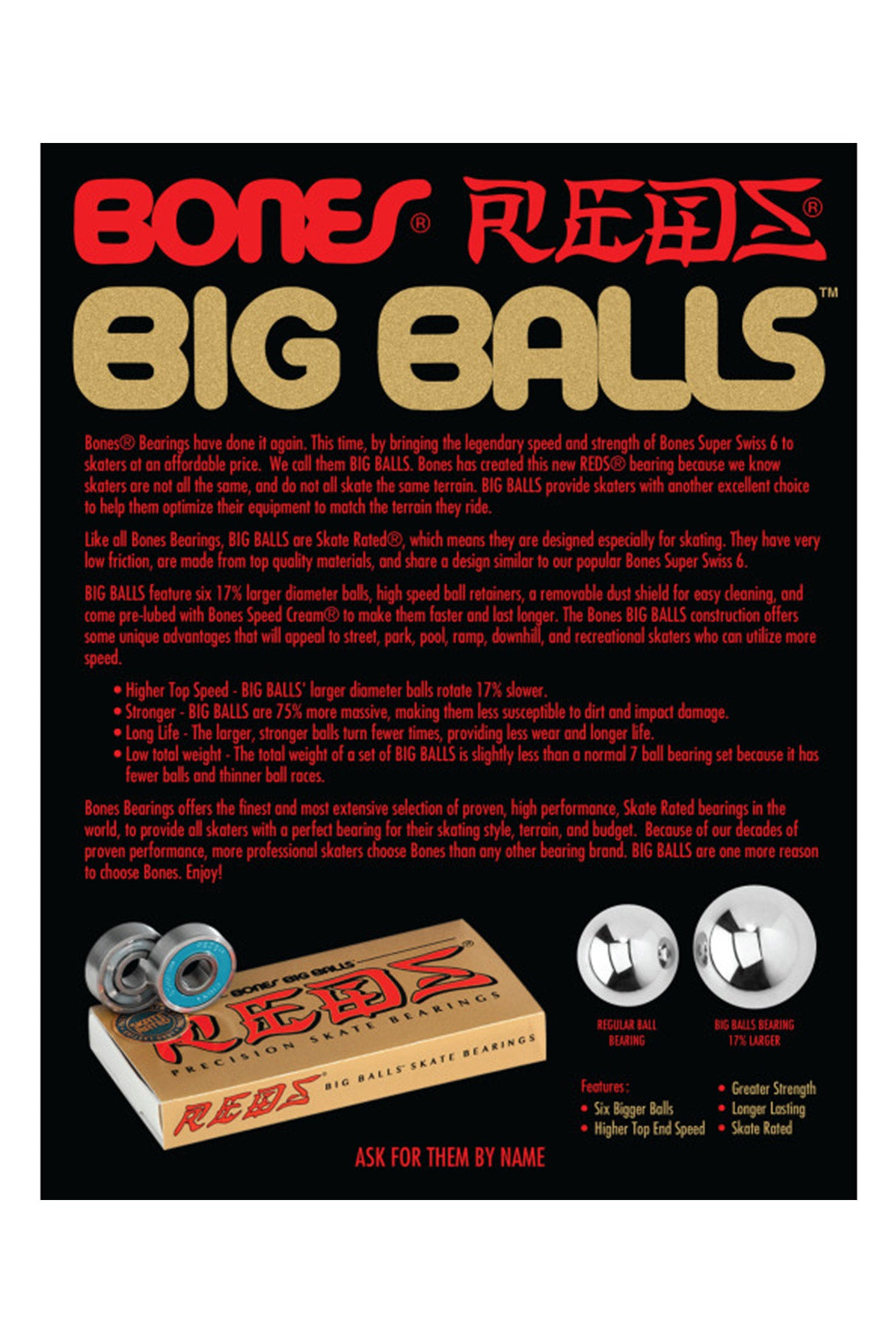 Bones® BIG BALLS® REDS® Skateboard Bearings 8 pack